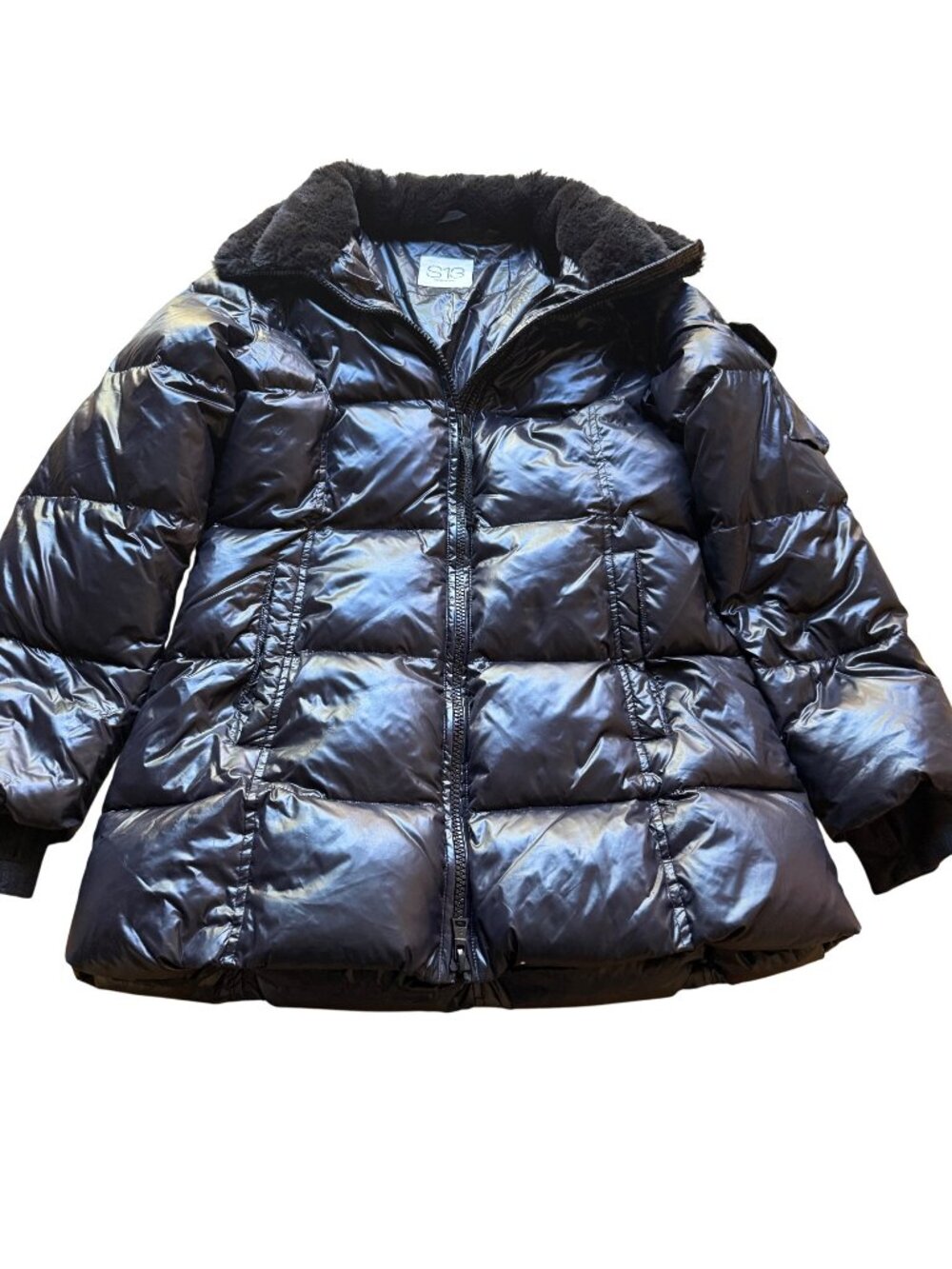 S13 New York Size XL Black Down Fill Faux Fur Collar Quilted Puffer Coat Jacket